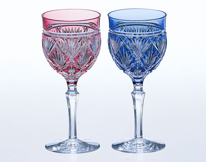 Kagami Crystal Edo Kiriko Pair Wine Glass Red Blue 2620