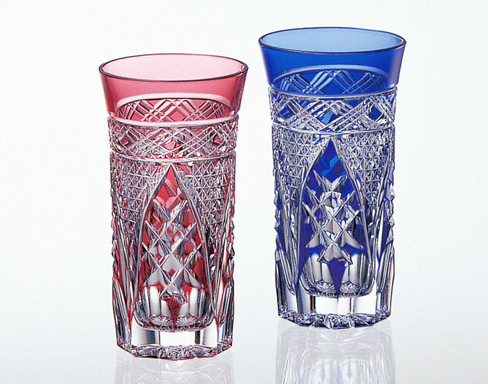 Kagami Crystal Edo Kiriko Glass One-bite Beer Glass Red Blue 2624