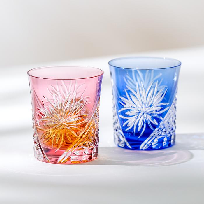 Kagami Crystal Edo Kiriko Rock Glass Pair Red and Blue TPS542-2995-AB