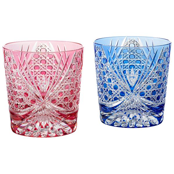 Kagami Crystal Edo Kiriko Rock Glass Pair Red and Blue TPS577-2965-AB