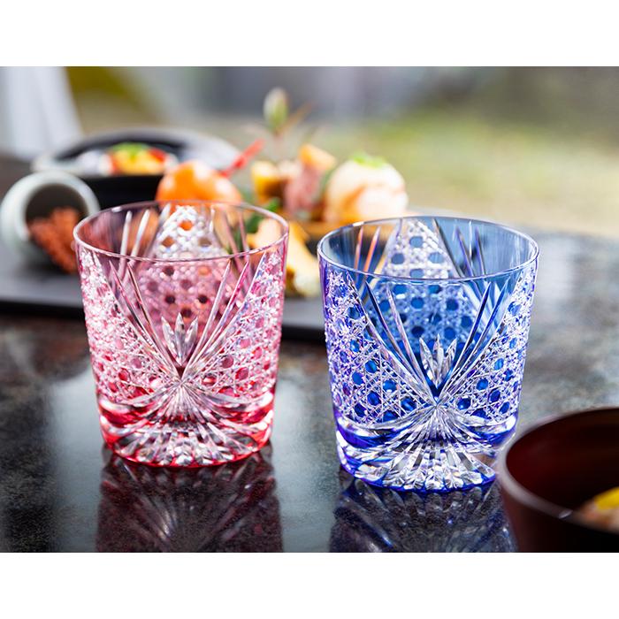 Kagami Crystal Edo Kiriko Rock Glass Pair Red and Blue TPS577-2965-AB