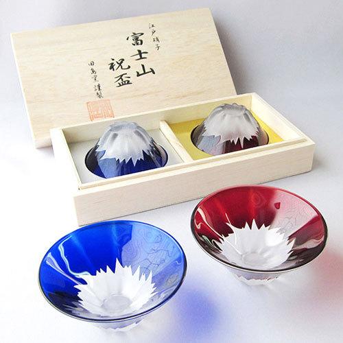 Tajima Glass Edo Engraving Glass Blue Red Mt. Fuji Pair Set With Wooden Box