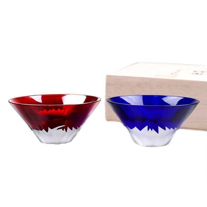 Tajima Glass Edo Engraving Glass Blue Red Mt. Fuji Pair Set With Wooden Box