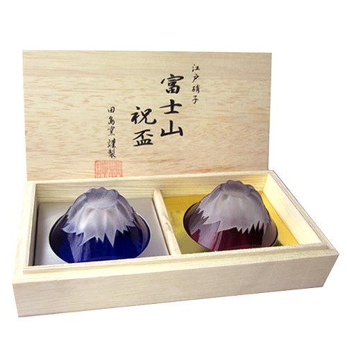 Tajima Glass Edo Engraving Glass Blue Red Mt. Fuji Pair Set With Wooden Box